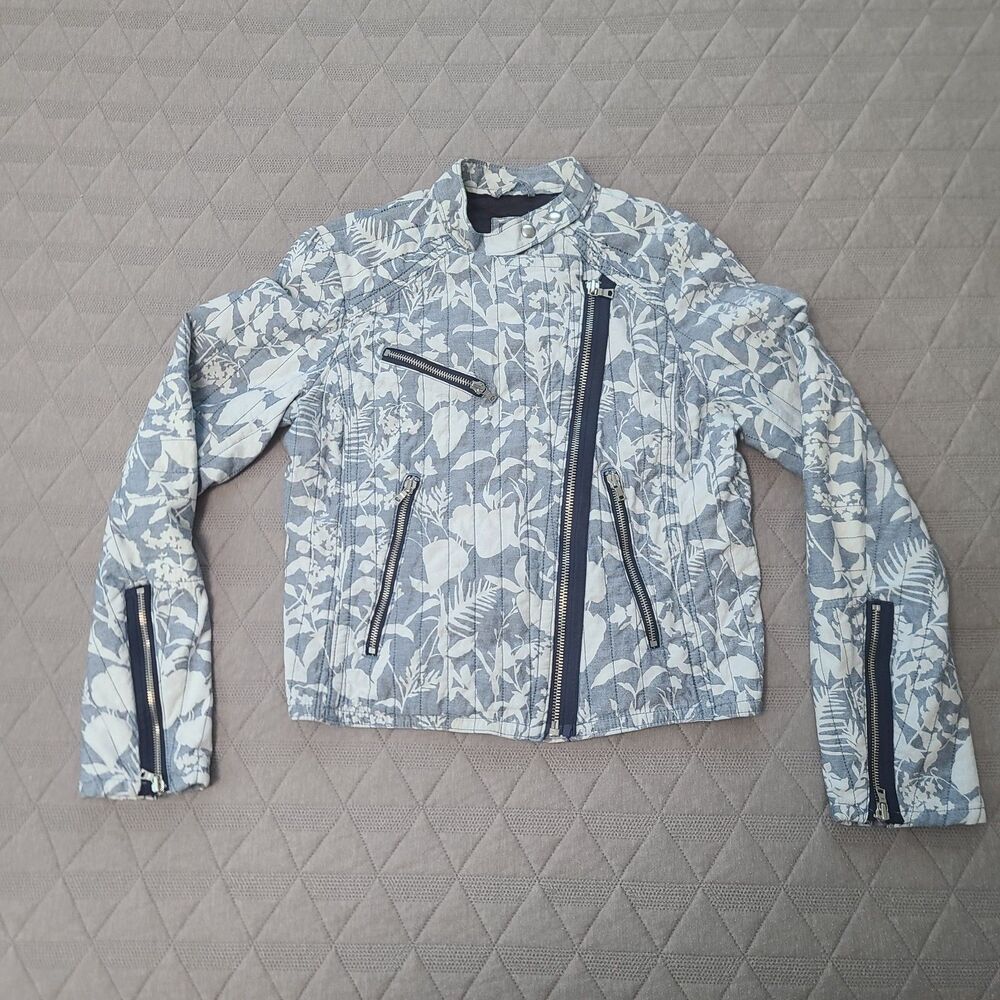 Gap Womens Blue Floral Quilted Moto Jacket Cotton Biker Coat Size Medium RN54023